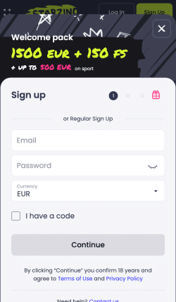 Klik op Sign up en registreer bij Starzino